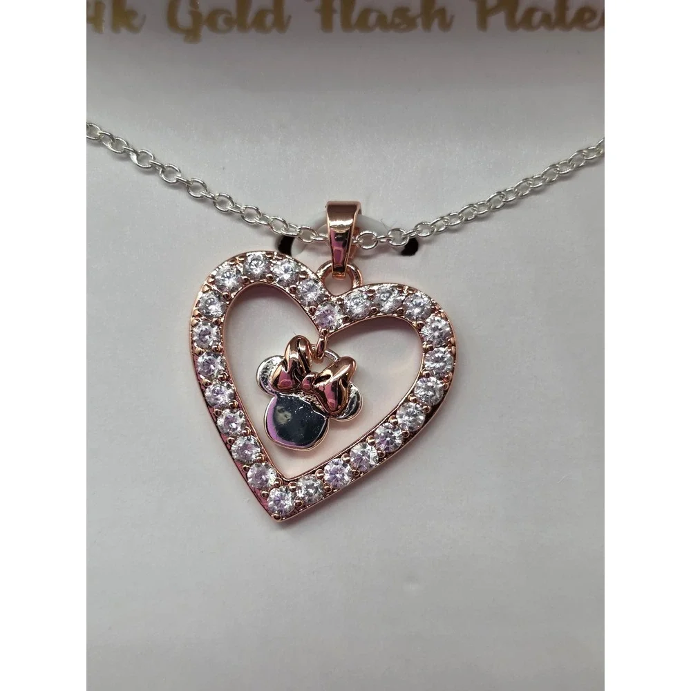 Disney Minnie Mouse 14k Gold Flash Plated Heart Crystal Necklace NEW